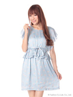 バードプリントペプラムワンピース/ブルー