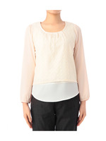 フラワーレースレイヤード風カットソー/サックス(090)