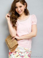 袖シフォンパールビジュープルオーバー/ピンク