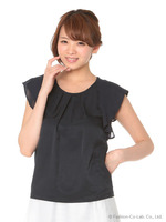 袖フリルプルオーバーブラウス/ネイビー