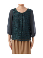 ボーダーレース切り替えシフォンブラウス/グリーン系(422)