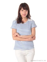 ビジュー付きレース切替ボーダー柄トップス/ブルー