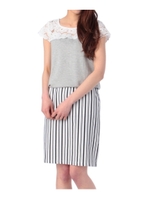 レース切り替えストライプ柄スカートワンピース/グレー(312)