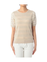 袖レースラメボーダーニットプルオーバー/グリーン系(023)