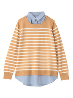 [L]付け衿レイヤード風ボーダーニット/ベージュ系(354)