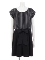 ウエストリボンストライプコンビワンピ/ブラック