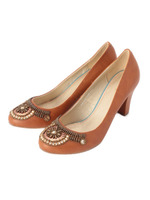 ビーズ使いラウンドパンプス/ブラウン系(042)