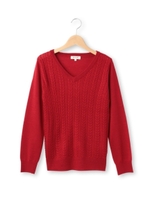 ケーブル編み切り替えVネックニット/ワインレッド(063)