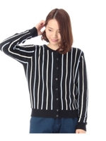 ストライプ丸首ニットカーディガン/ネイビー(393)
