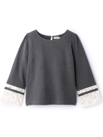 袖レース切り替えラウンドネックカットソー/チャコールグレー(914)