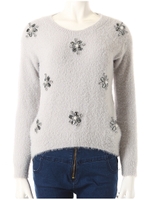 ビジューシャギーニットトップス/ホワイト