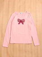 リボンモチーフ編み編み付き長袖Ｔシャツ/ピンク
