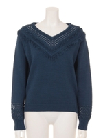 フリンジ付ニットプルオーバー/ネイビー