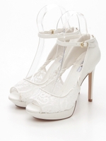 【R&E】サイドツイストオープントゥレースパンプス/ホワイト