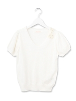 パールビジュー半袖Vネックニット/ホワイト(001)