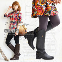 バックジップフェイクレザーロングブーツ