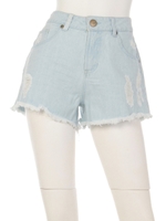 デニムダメージ裾キリッパショートパンツ/スカイブルー