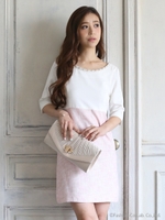 七分袖ツイード切り替えドレス/ホワイトxブラック