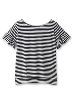 後スリットレースフリル袖ボーダーカットソー/ネイビー(393)