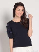 リボンモチーフ5分袖ニットプル/ネイビー