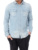 【AZUL by moussy】ドビーデニムクラッシュ長袖ワークシャツ/L/BLU