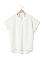 ストライプ切り替えキーネックカットソー/ホワイト系(002)