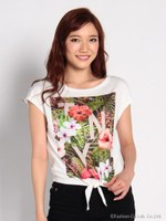 花柄pri裾しばりTシャツ/ホワイト
