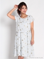 麻調プリントビジュー付ワンピース/サックス