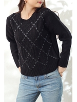 【AZUL by moussy】A地柄フェイクレザーアーガイル長袖プルオーバー/柄BLK