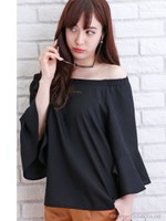 オフショルベル袖ブラウス(ブラック/キャメル)/ブラック