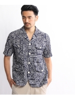 綿プリントパッチワーク半袖シャツブルゾン/ブルー系(194)