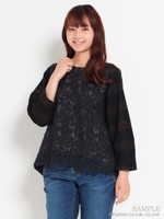 チェック×キノコフラワーレースMIXブラウス/ネイビー