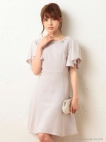 フラワービジューフレアワンピース/ライトグレー