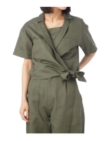 ホリゾンタルカラー裾結びショートシャツ/カーキ(027)