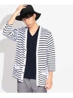 フランダースリネン 7分袖ボーダーカーディガン/ベージュ(352)