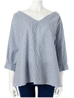 Vネックストライプデザインブラウス/ブラック