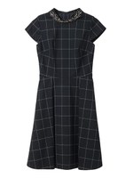ネックビジューウエスト切替チェックワンピース/ブラウン