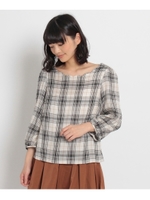 スカラップネックチェックブラウス/ダークグリーン(223)