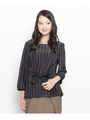 前リボンストライプぺプラムブラウス/ブラック(319)