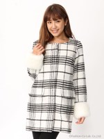 ノーカラーチェックコート/ブラック