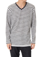 【AZUL by moussy】ヘビーワッフルボーダーVネック長袖T/柄BLK