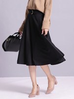 ベルト付ウールフレアスカート/ブラック