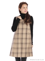 フリル切替えチェック柄ワンピース/グレー