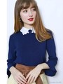 刺繍衿付フレア袖ニットプルオーバー/ネイビー