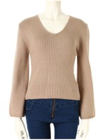 Vネックフレア袖ニットトップス/モカ