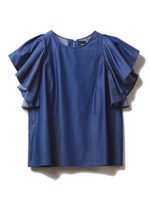 テンセルデニム袖ラッフルブラウス/ブルー