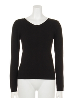 衿ぐりビーズ付Vネックリブニットプルオーバー/ブラック