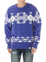 【AZUL by moussy】チマヨ柄ニットクルーネック長袖プルオーバー/BLU