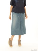 ゴールドサボテン刺繍デニムロングスカート/ブルー