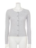 綿混ビジューモチーフクルーネックリブニットカーディガン/ベージュ